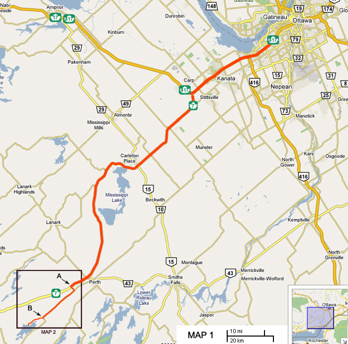 Map 1: the route highlighted in red from Ottawa west along Highway 417 and Highway 7 through Carleton Place to Perth, with markers A and B inside a box labelled Map 2.